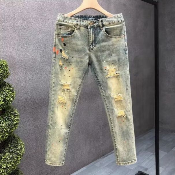 Ink Splash Distresse Nine-point Jeans For Men Slim Fit Skinny Stretch Rippe Patche Cool Street Style Personality_viptrois.com