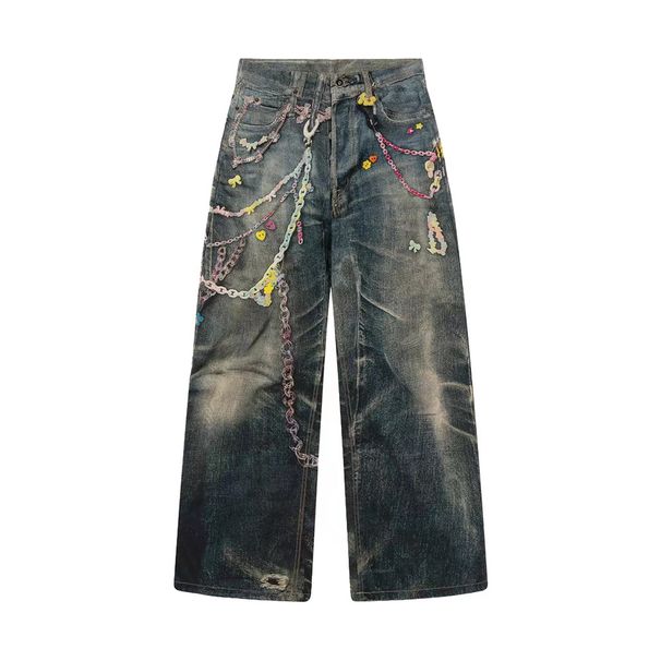 3D Digital Chain Print Vintage Jeans Punk Wasteland Trendy Design Niche Loose Wide-Leg Pants For Men_viptrois.com