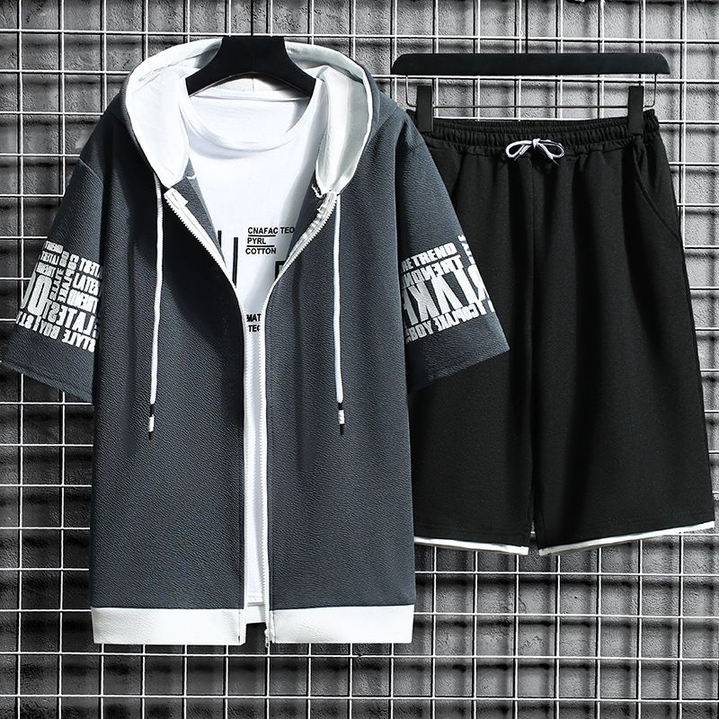 Men's Clothing Summer New Men's Cardigan Sweater Suit Youth Hooded Casual Korean Sportswear Two Piece Suit_viptrois.com