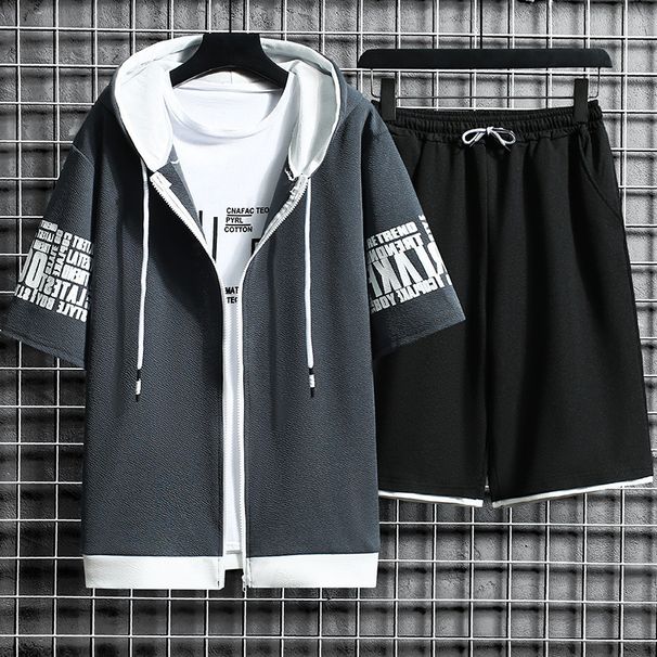 Men's Clothing Summer New Men's Cardigan Sweater Suit Youth Hooded Casual Korean Sportswear Two Piece Suit_viptrois.com
