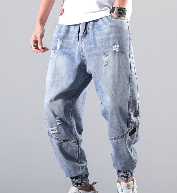 Men's Clothing Elastic Waist Denim Trousers Men's Pants 2025 New Spring And Autumn Trendy Brand Loose Casual Cuffed Nine Point Trousers_viptrois.com