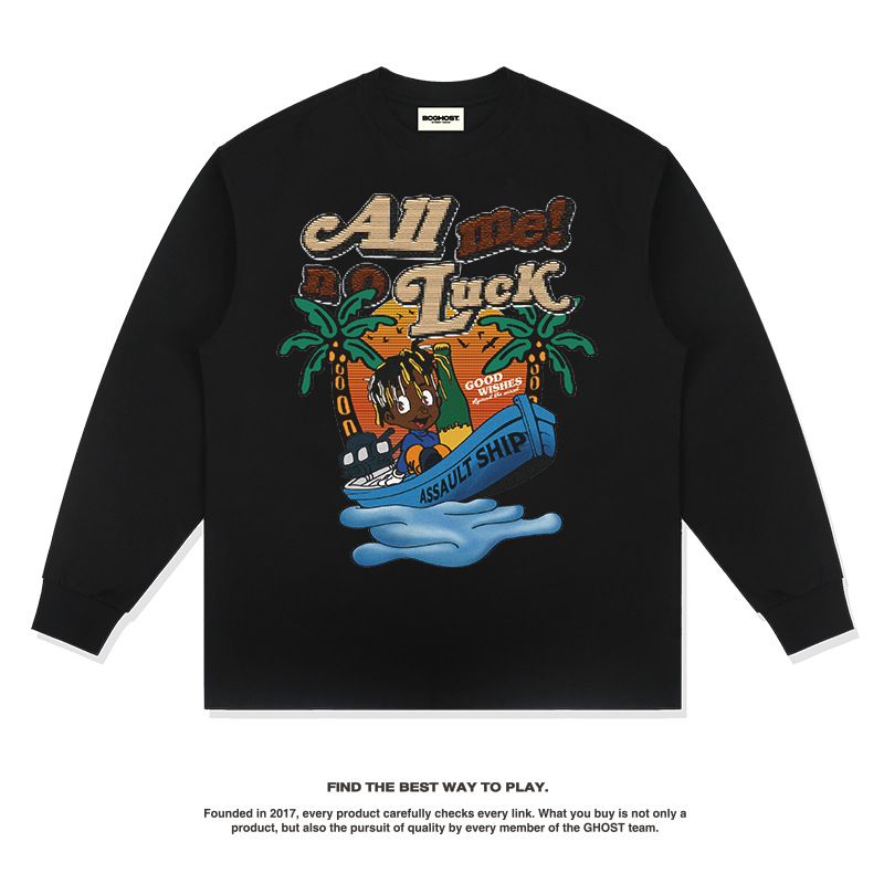 New Design American Hip Hop Street Hand-painted Black Child Print Long-sleeved T-shirt Round Neck_viptrois.com