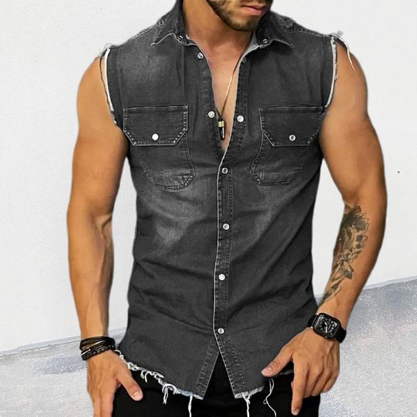 Premium Denim T-shirt, Men's Lapel Sleeveless Cardigan Top, Muscle Vest_viptrois.com