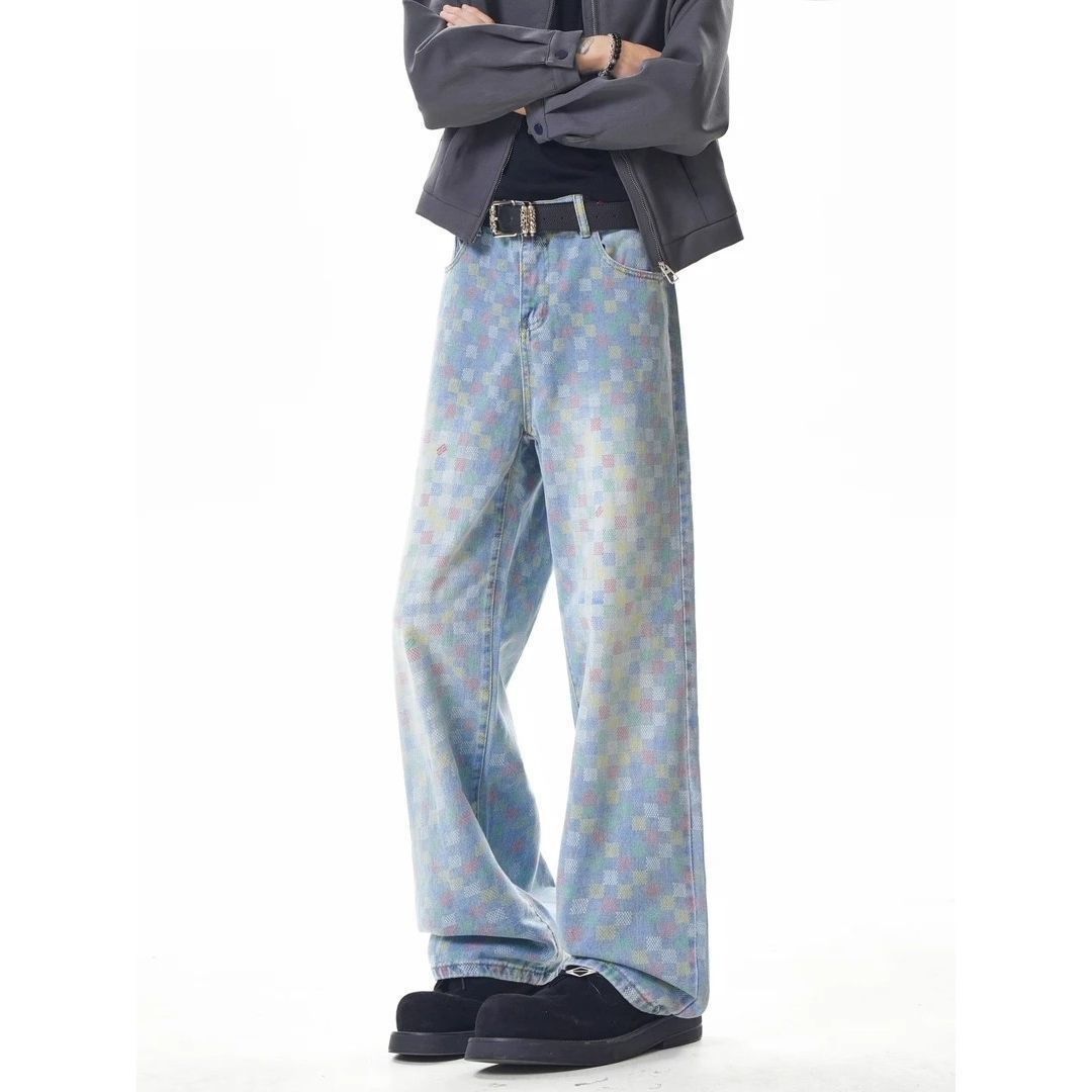 Colorful Plaid Straight Leg Jeans For Men, Autumn Style, Versatile, Trendy, Unique Design, Retro Vibe_viptrois.com