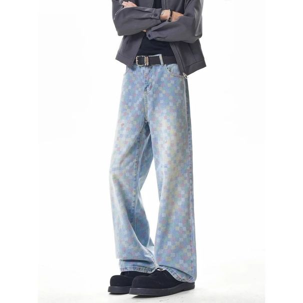 Colorful Plaid Straight Leg Jeans For Men, Autumn Style, Versatile, Trendy, Unique Design, Retro Vibe_viptrois.com