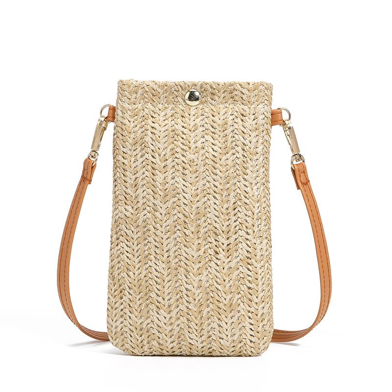 Summer Beach 2024 New Women's Versatile One Shoulder Diagonal Straddle Vertical Phone Bag Grass Woven Zero Wallet_viptrois.com