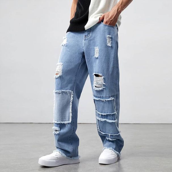 Men's Clothing Ripped loose straight jeans large size men's denim splicing casual pants manufacturers_viptrois.com