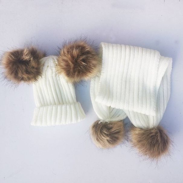 Children's Knitted Woolen Hat Scarf Set With Double Bells Autumn Winter Baby Overhead Cap Neck Warmer Two-Piece Set_viptrois.com
