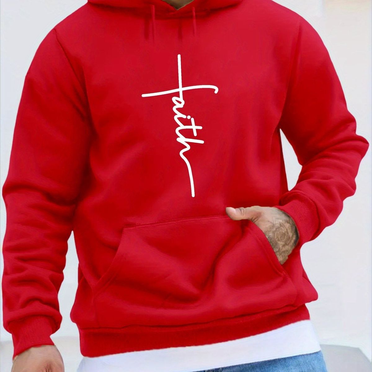 Men's Autumn/Winter Casual Fashion Loose Hooded Sweatshirt With Faith Print For Warmth, Long Sleeve Pullover_viptrois.com