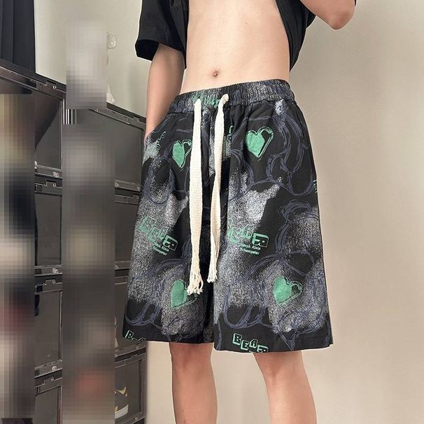 Men's Elastic Drawstring Bear Graffiti Print Quick Dry Casual Loose Fit Beach Sports Shorts Trendy Five Point Summer Pants_viptrois.com