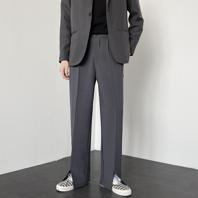 Men's High Street Style Split Hem Dress Pants Fashionable Versatile Straight Leg Floor Length Loose Drape Hong Kong Style_viptrois.com