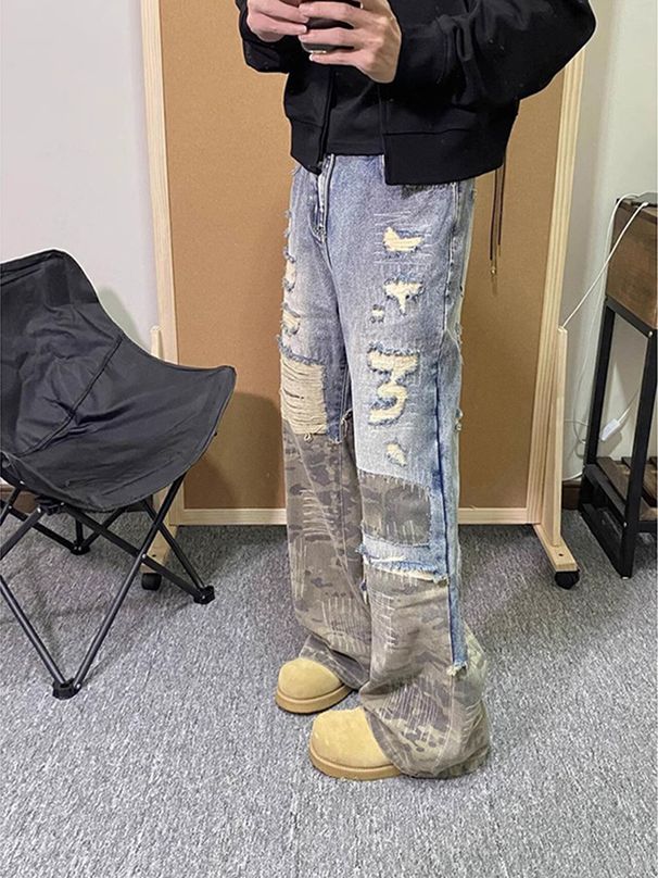 Men's Clothing Retro Two Piece Pants Design Advanced Camouflage Patchwork Jeans Men's Cleanfit Straight Pants_viptrois.com