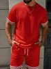 2026 Summer European Men's Solid Color Casual Sport Stripe Round Neck Short Sleeve Shorts Set_viptrois.com