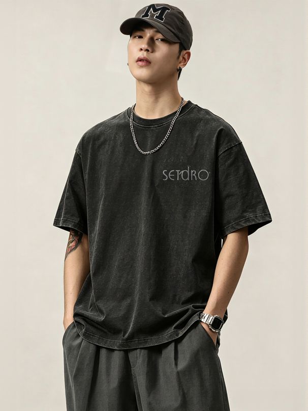 230g Washed Men Crew Neck Tee Setdro Light Tone Minimal Letter Print Short Sleeve Casual Streetwear Summer Top_viptrois.com