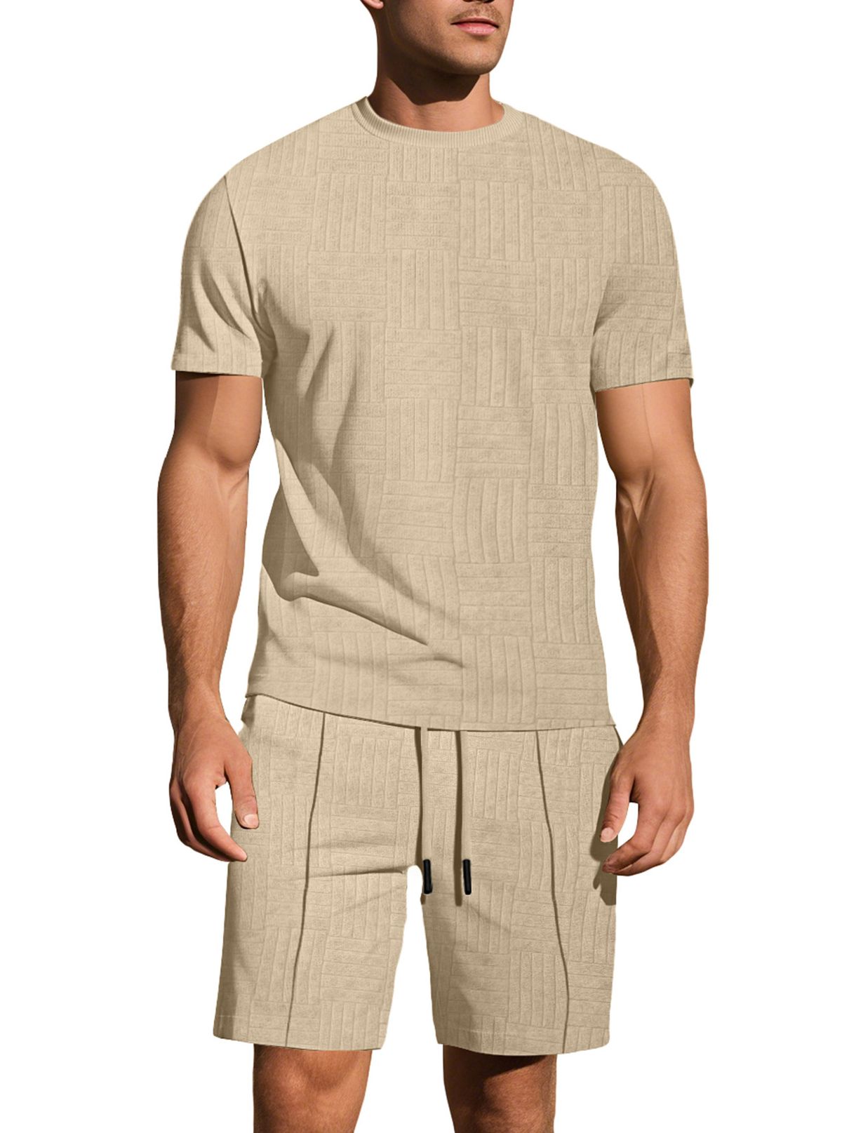Men's Summer Jacquard Short-Sleeve Shirt & Shorts Set – Loose-Fit Breathable Athletic Outfit (Solid Color Casual Wear)_viptrois.com