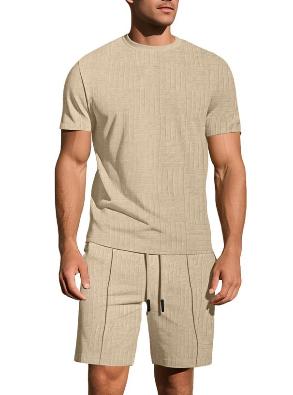 Men's Summer Jacquard Short-Sleeve Shirt & Shorts Set – Loose-Fit Breathable Athletic Outfit (Solid Color Casual Wear)_viptrois.com