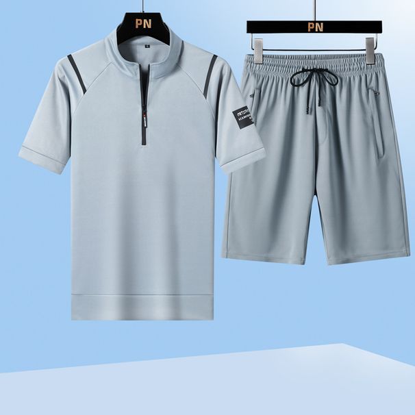 Large Size Summer Short Sleeved Casual Sports Suit Ice Silk Quick Drying T Men's Long Pants Stand Collar Loose Three_viptrois.com