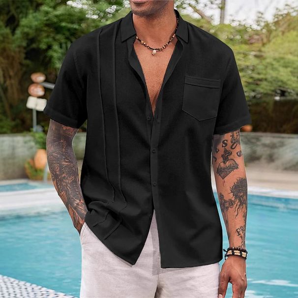 Men's Clothing Summer Long Sleeved Men's Shirts For Teenagers At Home In Solid Color Cotton And Linen Short Sleeved Lapel Shirt Tops_viptrois.com