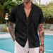 Men's Clothing Summer Long Sleeved Men's Shirts For Teenagers At Home In Solid Color Cotton And Linen Short Sleeved Lapel Shirt Tops_viptrois.com