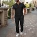 Men's Solid Color Jacquard Shirt Short Sleeve Lapel Button Casual Loose Fit Summer Cotton Polyester Linen Suit_viptrois.com