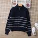 Mother & Kids Boys' Striped Lambswool Cardigan Sweater - Soft & Warm Knit Pullover For Big Kids (8+ Years), Long Sleeve, Stand Collar, Winter_viptrois.com