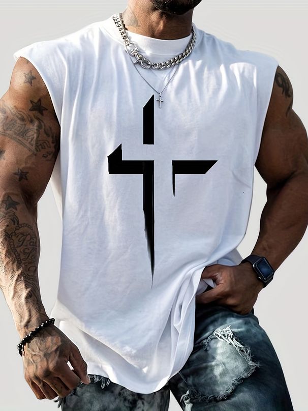 100% Pure Cotton Men's Summer Leisure Sports Fitness Loose Faith Cross Graphic Print Breathable Round Neck Sleeveless Vest_viptrois.com