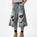 Men's Clothing Retro Niche High Street Ripped Denim Cropped Trousers For Men And Women Loose Casual Drape_viptrois.com