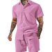 Men's Summer Solid Color Collared Short Sleeve Shirt Casual Drawstring Shorts Suit Set_viptrois.com