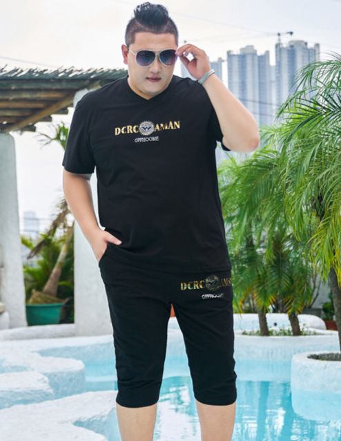 Men's Clothing Popular summer clothes plus size short-sleeved T-shirt top fat men's cropped pants with two-piece casual thin suit_viptrois.com
