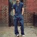 Men's multi pocket design workwear pants with loose collar and solid color casual jumpsuit_viptrois.com