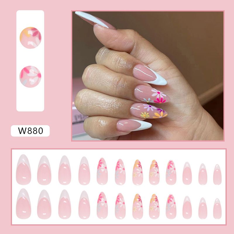 Nails Art & Tools White French Colorful Flower From Simple Almond Armor Cute Sweet Girl Ins Style Round Head False Nail Nail Nail Pieces_viptrois.com