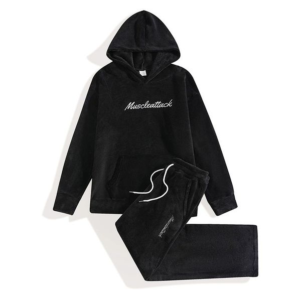 Men's Fleece Loungewear Set – Cozy Coral Fleece Hoodie & Joggers With Embroidery (S-XXL, Black/Purple/Khaki, Ultra-Soft & Warm)_viptrois.com
