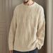 Unisex Vintage Cable Knit Sweater | Classic Round Neck Warm Pullover | Autumn Winter Thick Wool-Like Jumper (Solid Colors)_viptrois.com