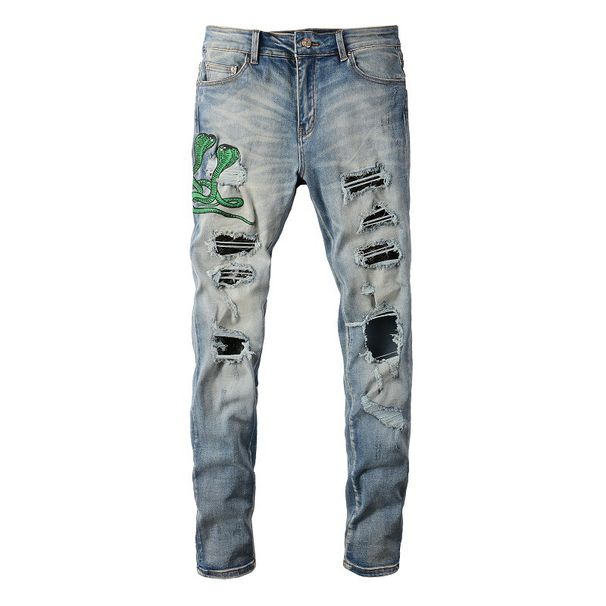 Men's Clothing European And American Trendy Brand Ripped Jeans Men's Embroidered Snake Pattern Snakeskin Patch Stretch Slim Men's Trousers 6561_viptrois.com