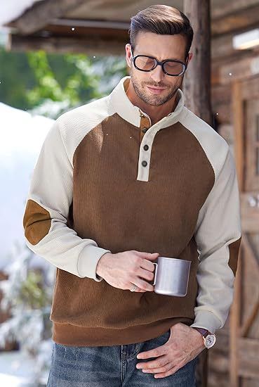 Men's Jacket Raglan Sleeve Casual Stand Collar Loose Corduroy Colorblock Sweatshirt_viptrois.com