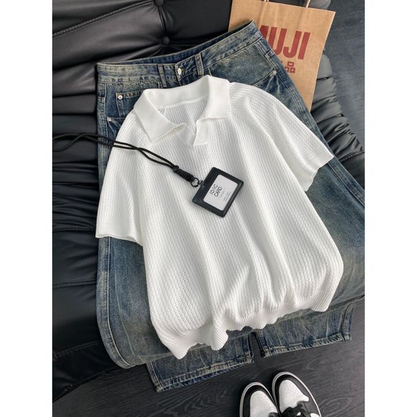Men's Japanese Retro Style Ice Silk Hollowed out Pattern Knitted Polo Shirt Short Sleeved Collared T-Shirt Comfortable Summer Top 2026_viptrois.com