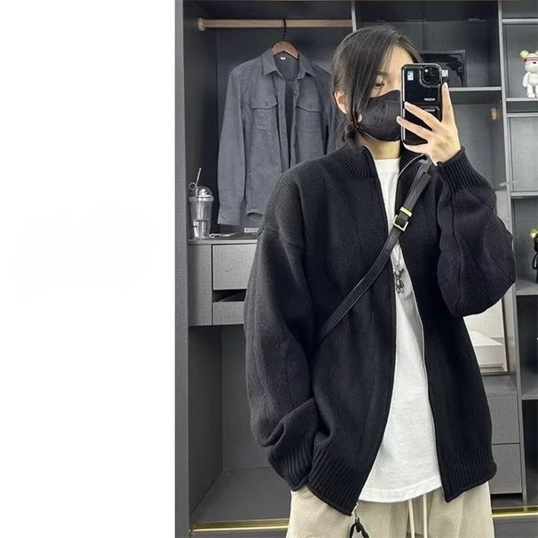 Autumn Loose Solid Color Knitted Zipper Cardigan Jacket Stand Up Collar Versatile Casual Sweater_viptrois.com
