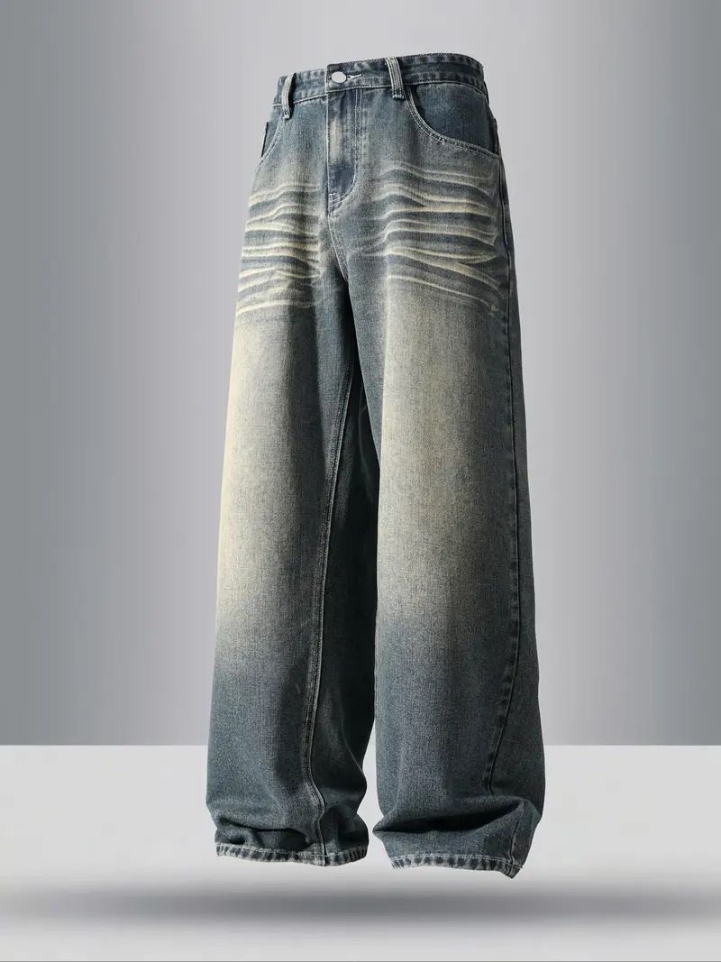 Men's Vintage Washed Straight Leg Jeans Wide Leg Casual Distressed Long Pants Style Version_viptrois.com