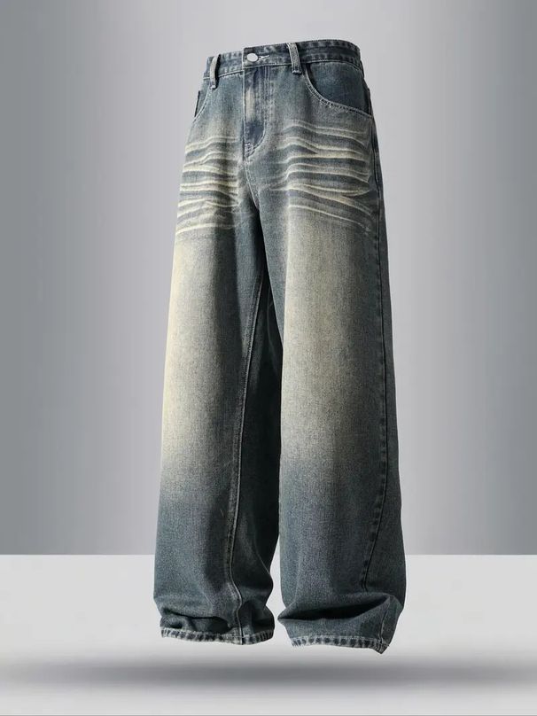 Men's Vintage Washed Straight Leg Jeans Wide Leg Casual Distressed Long Pants Style Version_viptrois.com