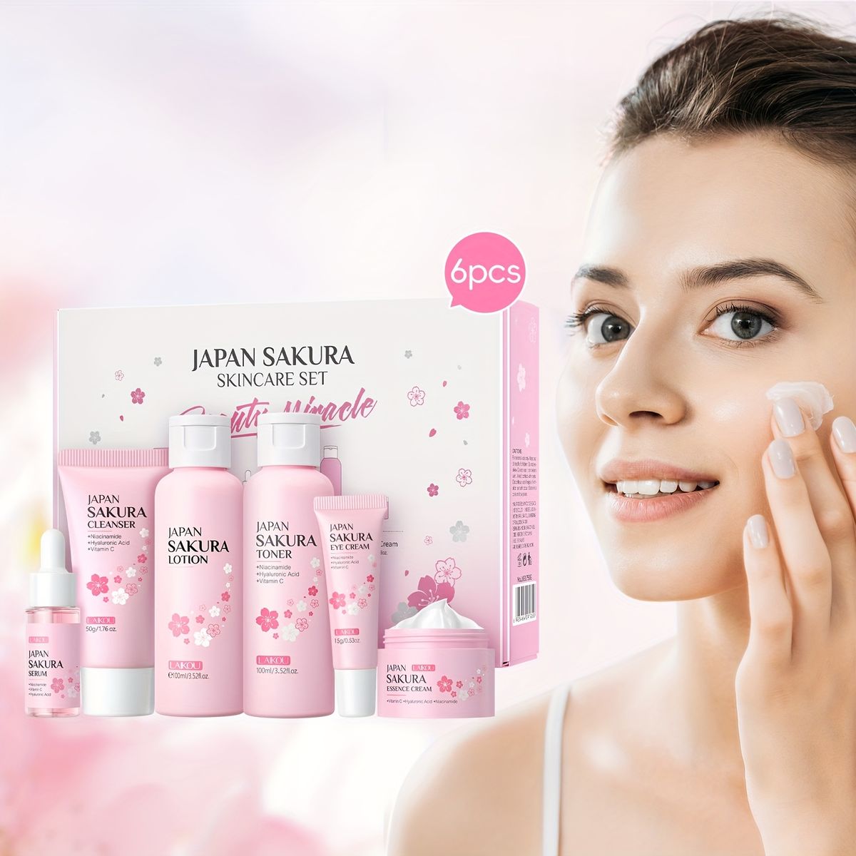 LAIKOU Sakura Box 6pcs Skincare Set, Gentle Formula Serum 0.59 Moisturizer 0.88oz, Eye Cream 0.53oz, Toner Pores_viptrois.com