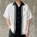 Men's Clothing Striped Color Matching Hawaiian Short Sleeved Shirt_viptrois.com