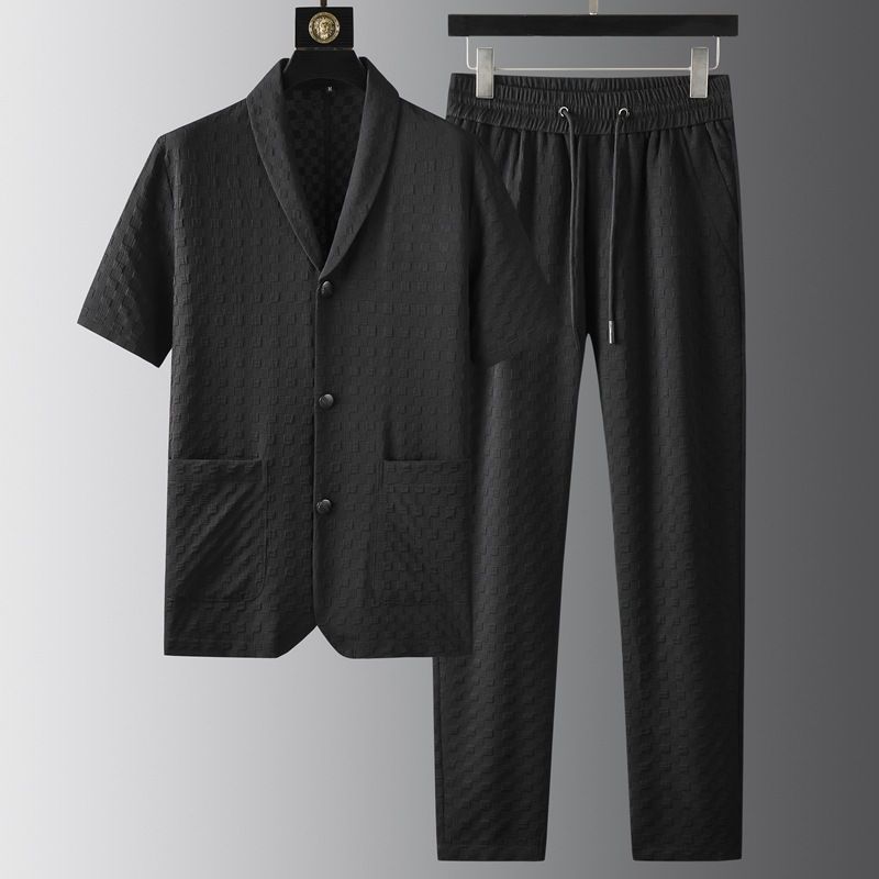 High End Quality Summer Short Sleeved Suit Casual Suit Men's Fashion Plaid Jacquard Stretch Two Piece Suit Handsome_viptrois.com