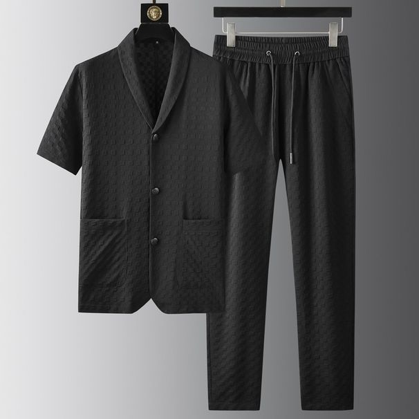 High End Quality Summer Short Sleeved Suit Casual Suit Men's Fashion Plaid Jacquard Stretch Two Piece Suit Handsome_viptrois.com