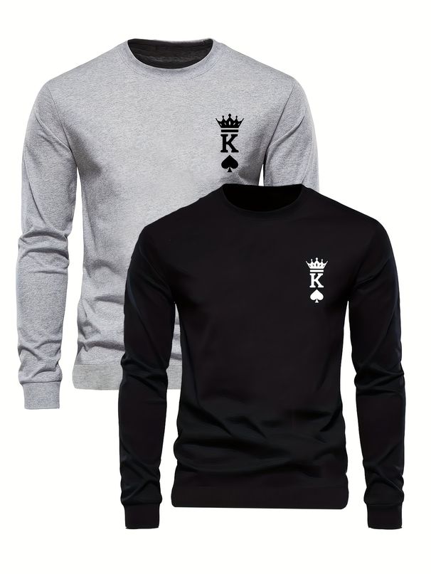 Men's Long Sleeved Round Neck Black T-shirt Top Loose 100 Cotton Tops Pik K 2pcs Set_viptrois.com