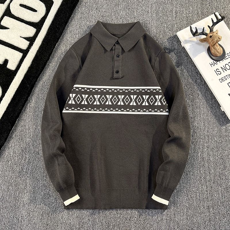 New Autumn And Winter High End Lapel Long Sleeved Sweater For Men, Handsome Trendy Brand, Slim Fit, Bottoming Sweater_viptrois.com