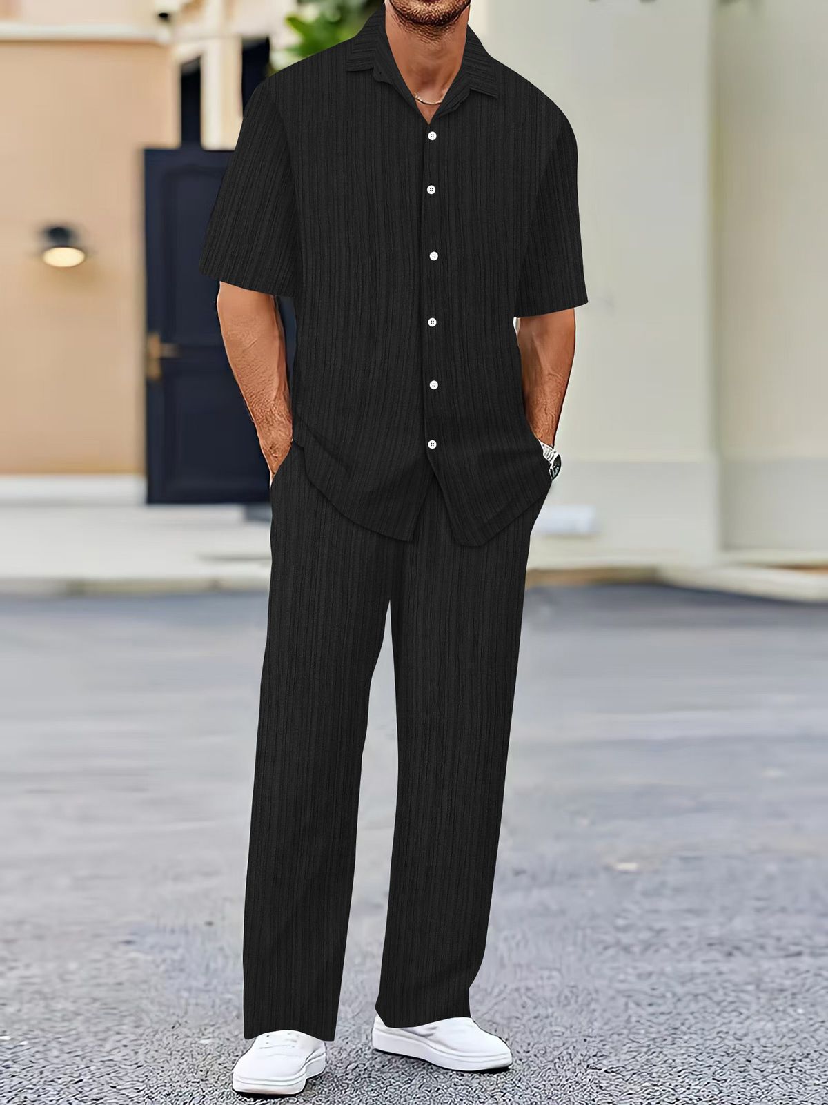Men's Lapel Solid Color Short Sleeved Shirt Drawstring Trousers Suit_viptrois.com