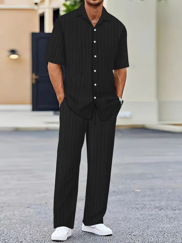 Men's Lapel Solid Color Short Sleeved Shirt Drawstring Trousers Suit_viptrois.com