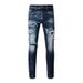 Men's Clothing Washed Old Cat Whisker Patch Hole Elastic Slim Fit Skinny Pants Ink Splash Jeans_viptrois.com
