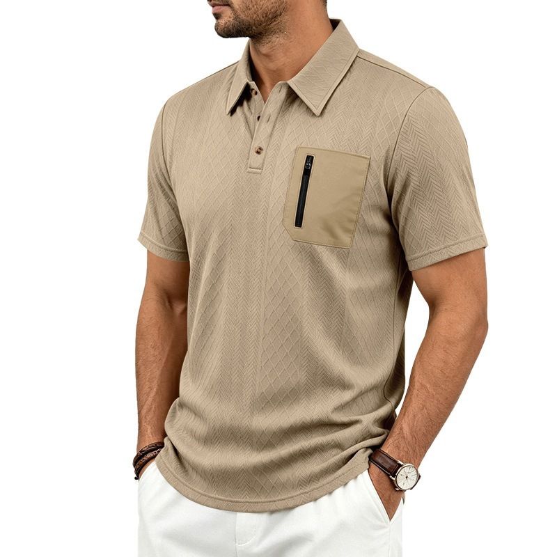 Men's Casual Loose Short Sleeve Shirt Summer Business Zipper Pocket Top Jacquard T-Shirt_viptrois.com