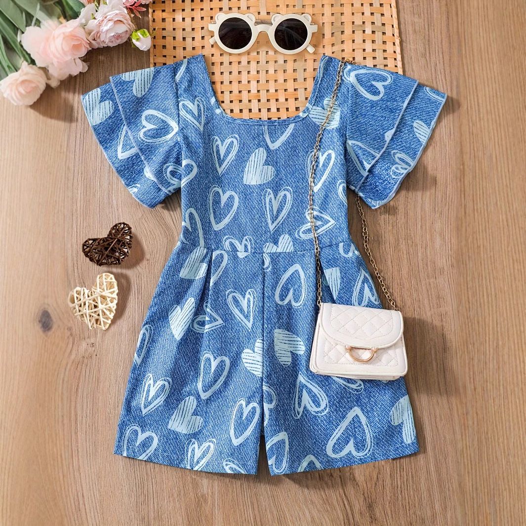 Mother & Kids INS Girls Summer Denim Print Jumpsuit Love Pattern Jumpsuit_viptrois.com